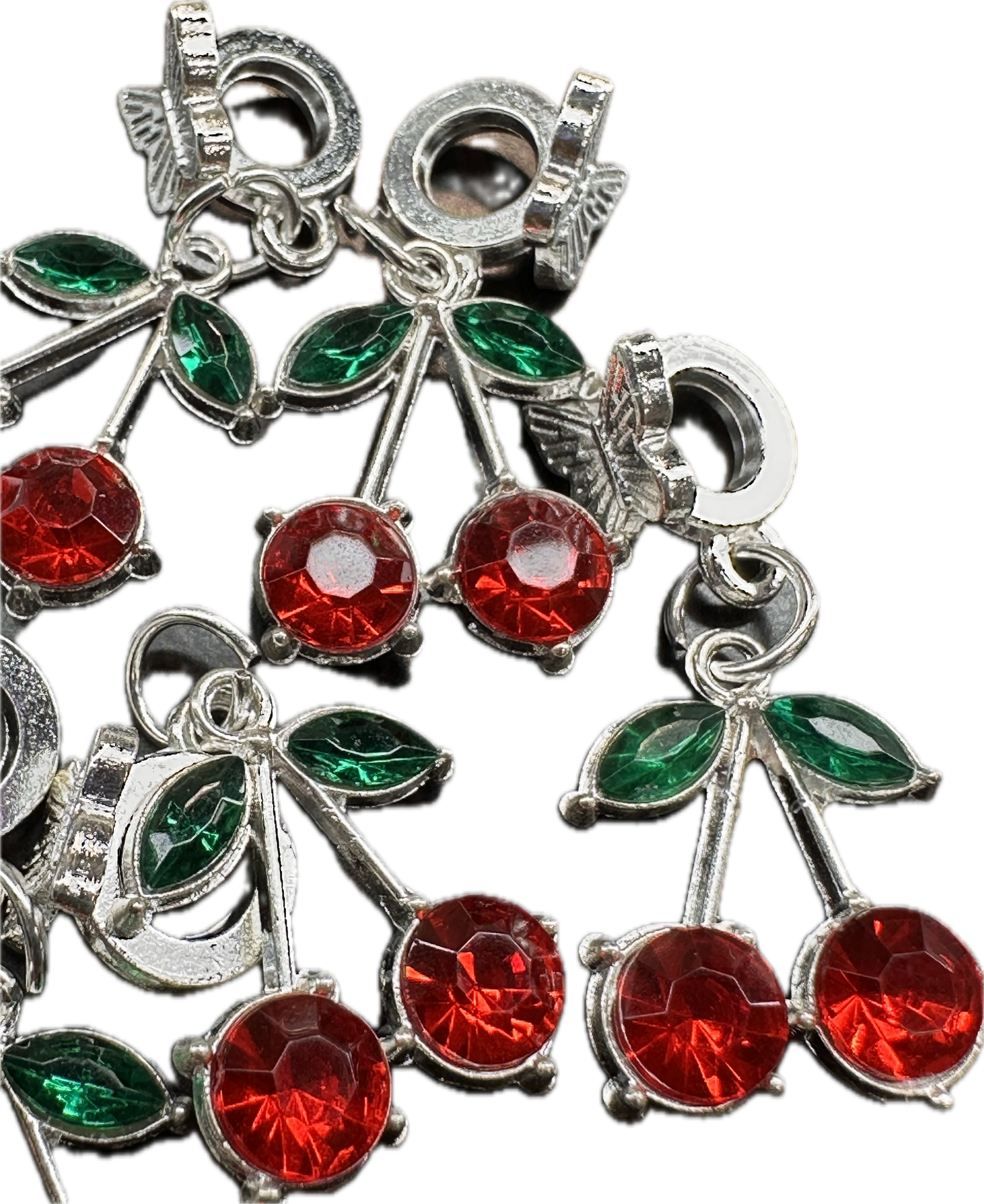 Rhinestone Cherry Charm Pendants on Bail Beads – Fancy Silver Charms (1 or 5 Pieces)