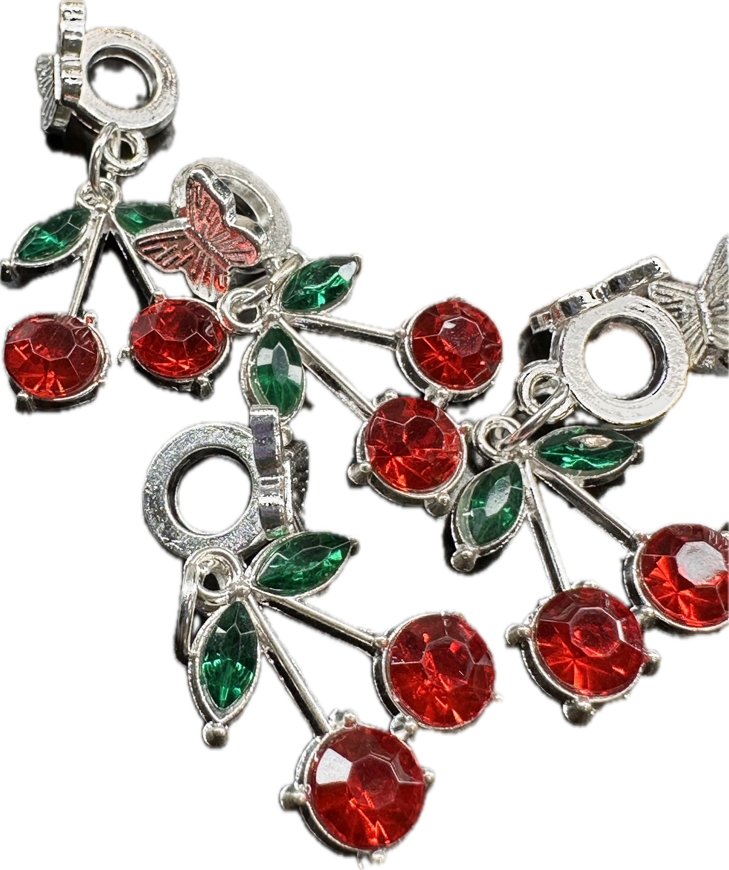Rhinestone Cherry Charm Pendants on Bail Beads – Fancy Silver Charms (1 or 5 Pieces)