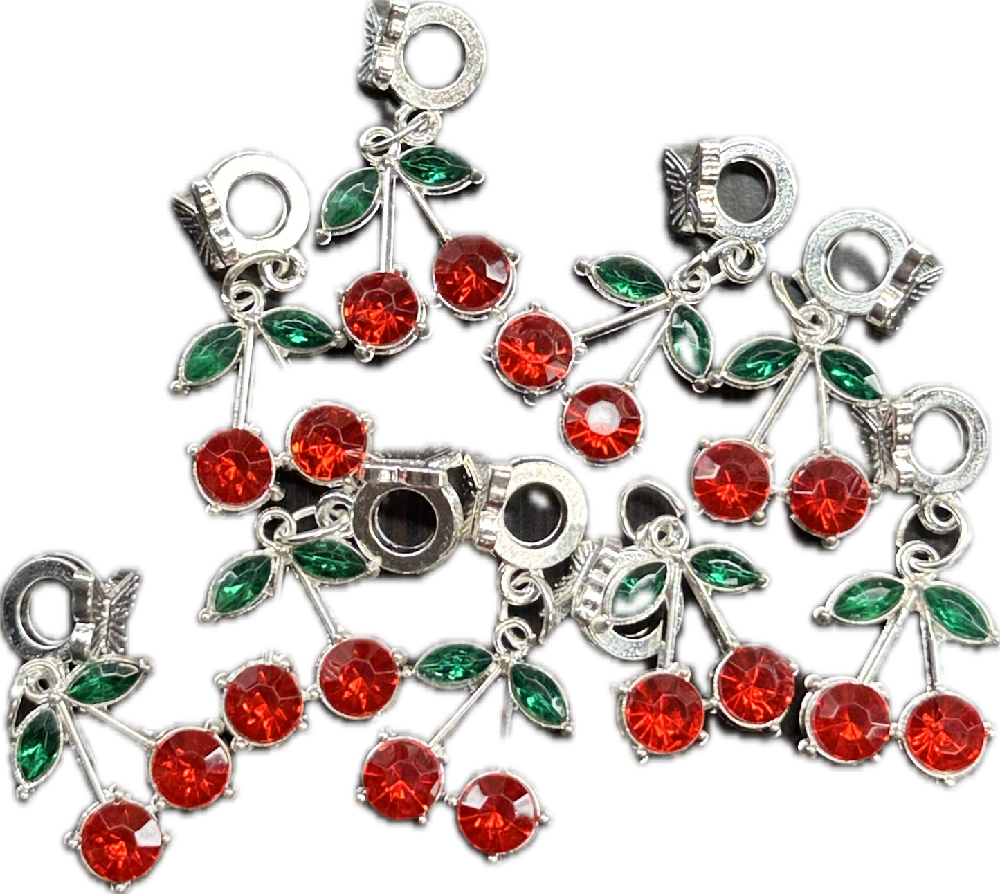 Rhinestone Cherry Charm Pendants on Bail Beads – Fancy Silver Charms (1 or 5 Pieces)
