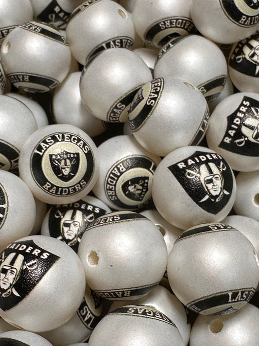 Acrylic Las Vegas Raiders football on satin white beads/ sports team bead/ beadable pen/ keychain bead/16 mm/10 beads included/ 2 designs