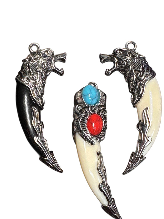 Claw Fang Pendants with Intricate Metalwork / wolf fang/ unique design/ 3 styles/ Aztec / tooth/ mystical/ western/charms / DIY jewelry
