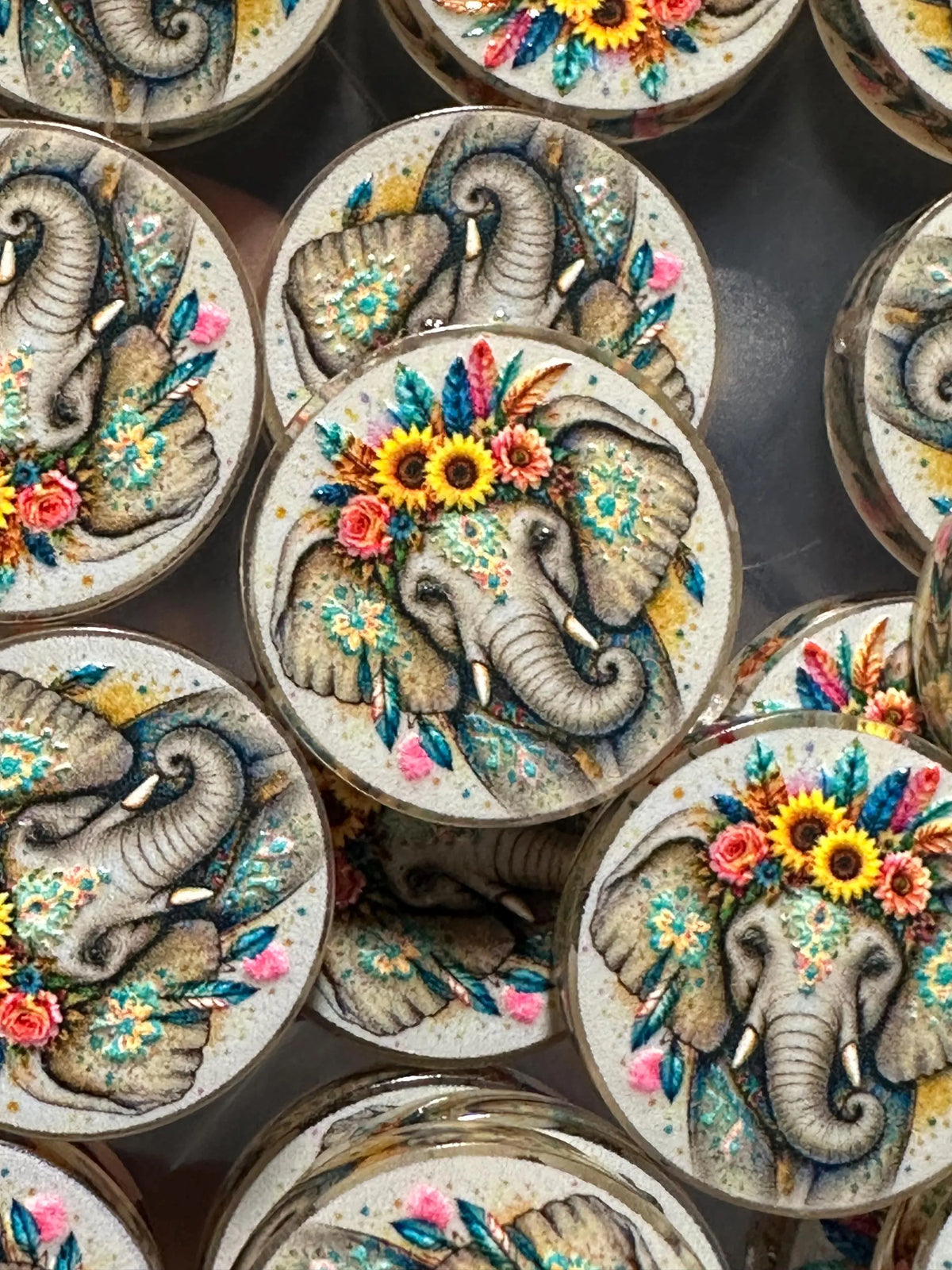 Colorful elephant with feathers and sunflowers acrylic focal for beadable pens -set of 2 acrylic focal beads included- Greer and Company design