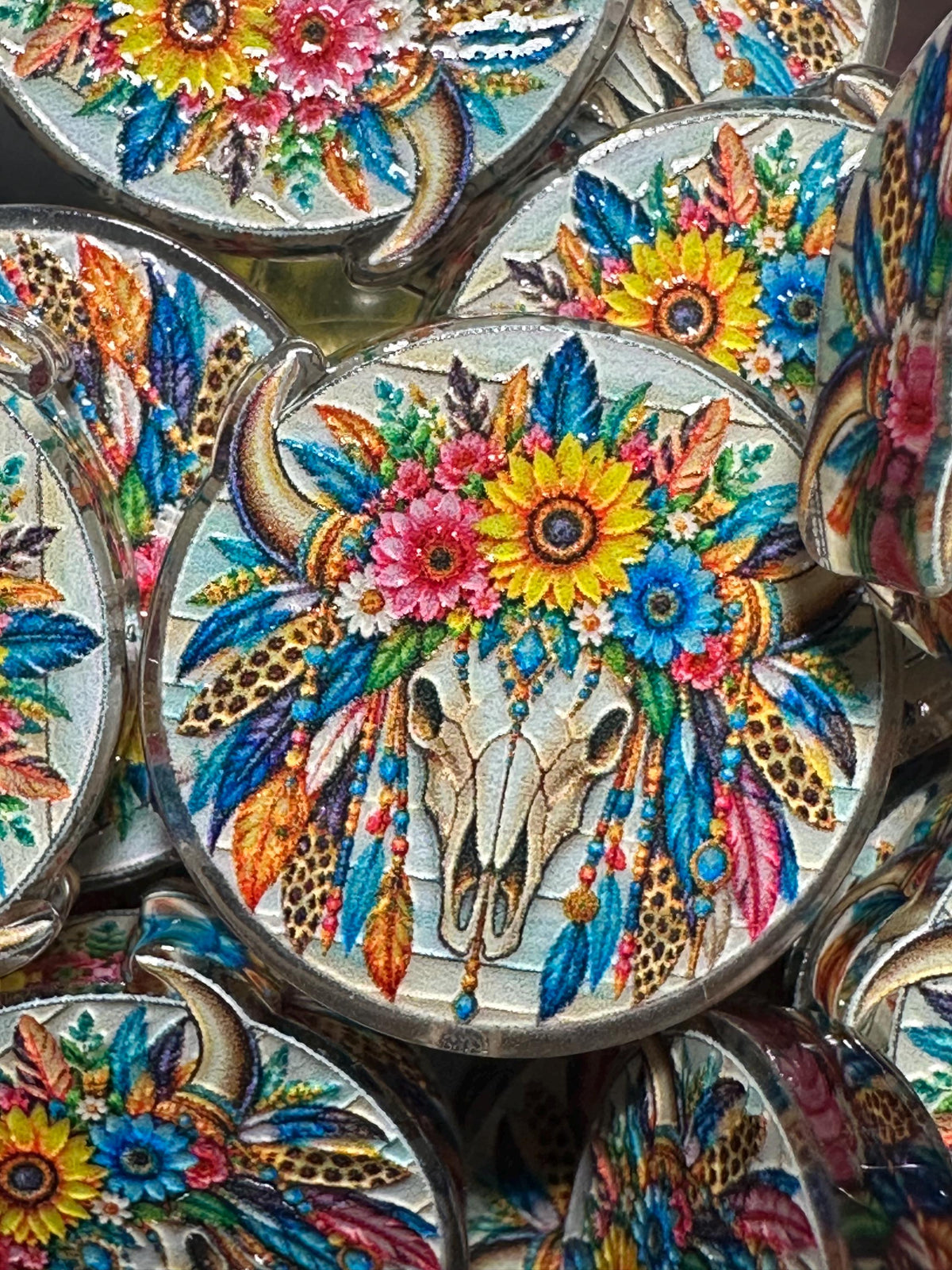 Colorful cow skull with feathers and sunflowers acrylic focal for beadable pens -set of 2 acrylic focal beads included- Greer and Company design