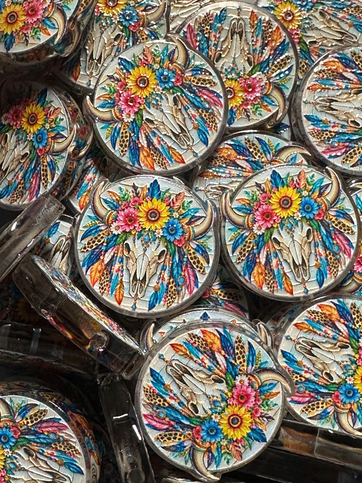 Colorful cow skull with feathers and sunflowers acrylic focal for beadable pens -set of 2 acrylic focal beads included- Greer and Company design