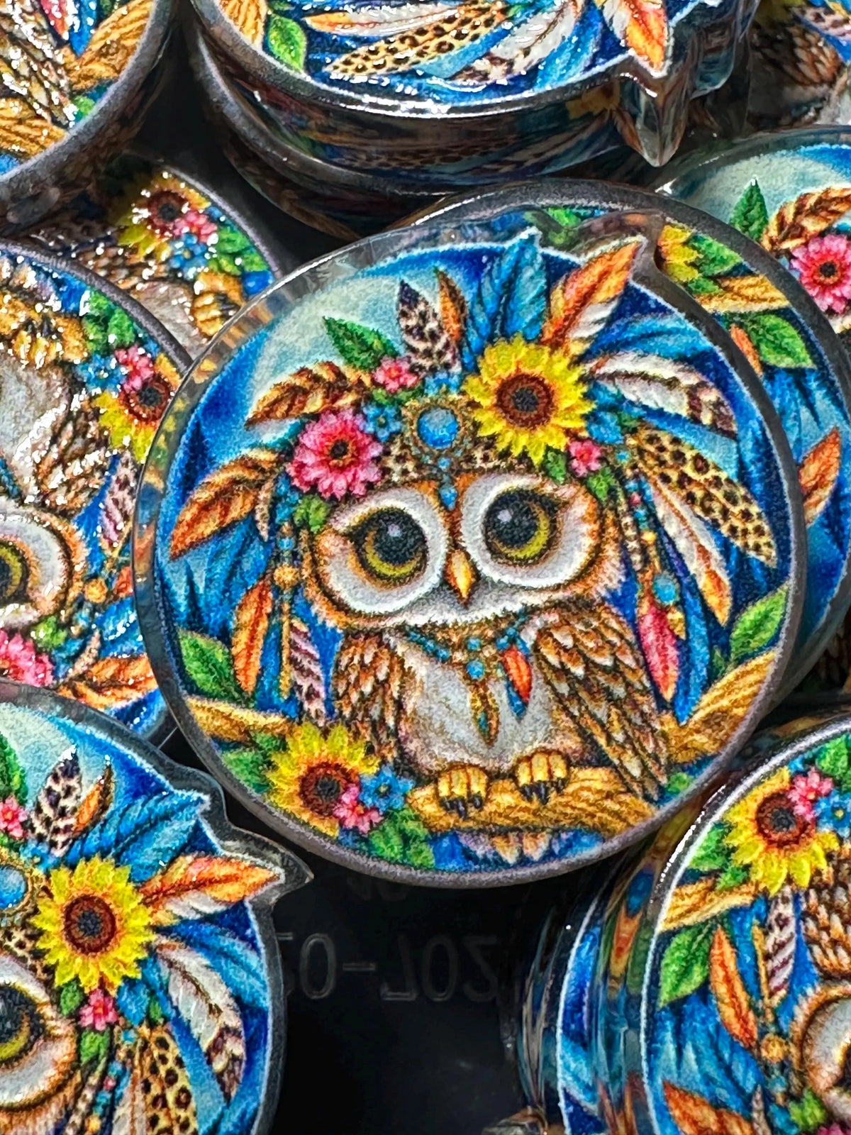Colorful owl with feathers and sunflowers acrylic focal for beadable pens -set of 2 acrylic focal beads included- Greer and Company design