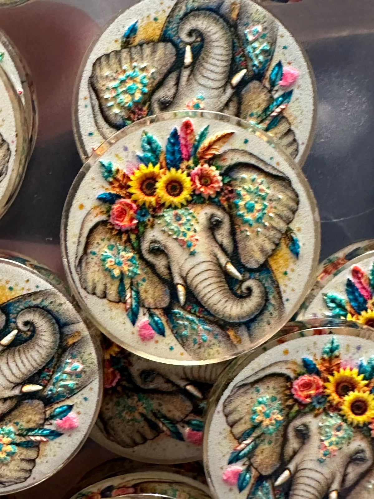 Colorful elephant with feathers and sunflowers acrylic focal for beadable pens -set of 2 acrylic focal beads included- Greer and Company design