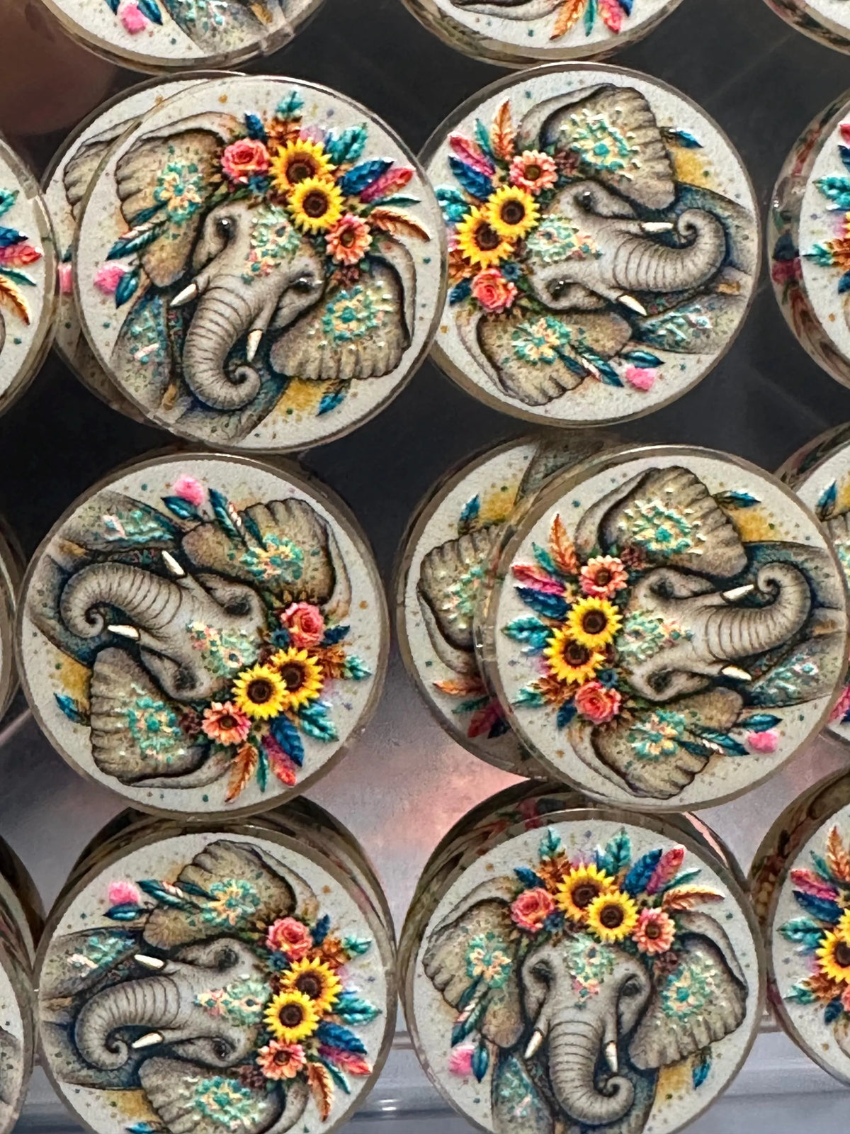 Colorful elephant with feathers and sunflowers acrylic focal for beadable pens -set of 2 acrylic focal beads included- Greer and Company design