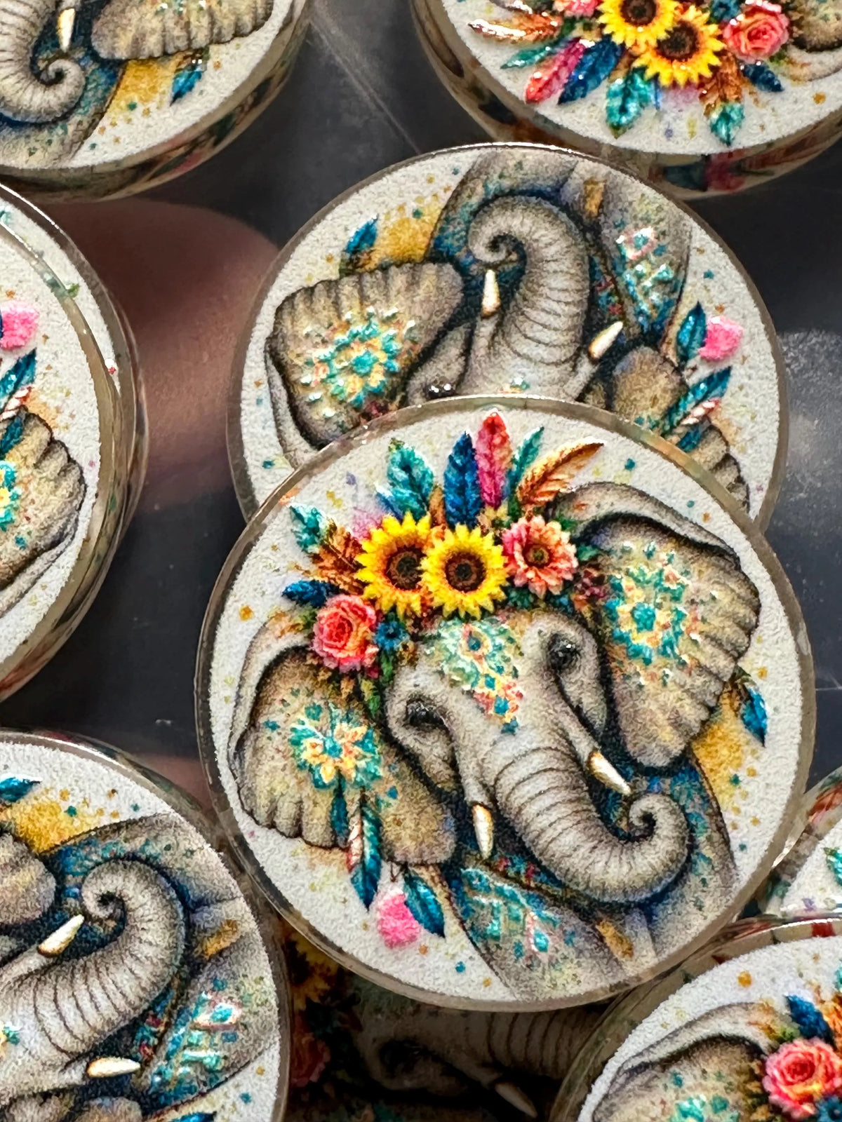 Colorful elephant with feathers and sunflowers acrylic focal for beadable pens -set of 2 acrylic focal beads included- Greer and Company design