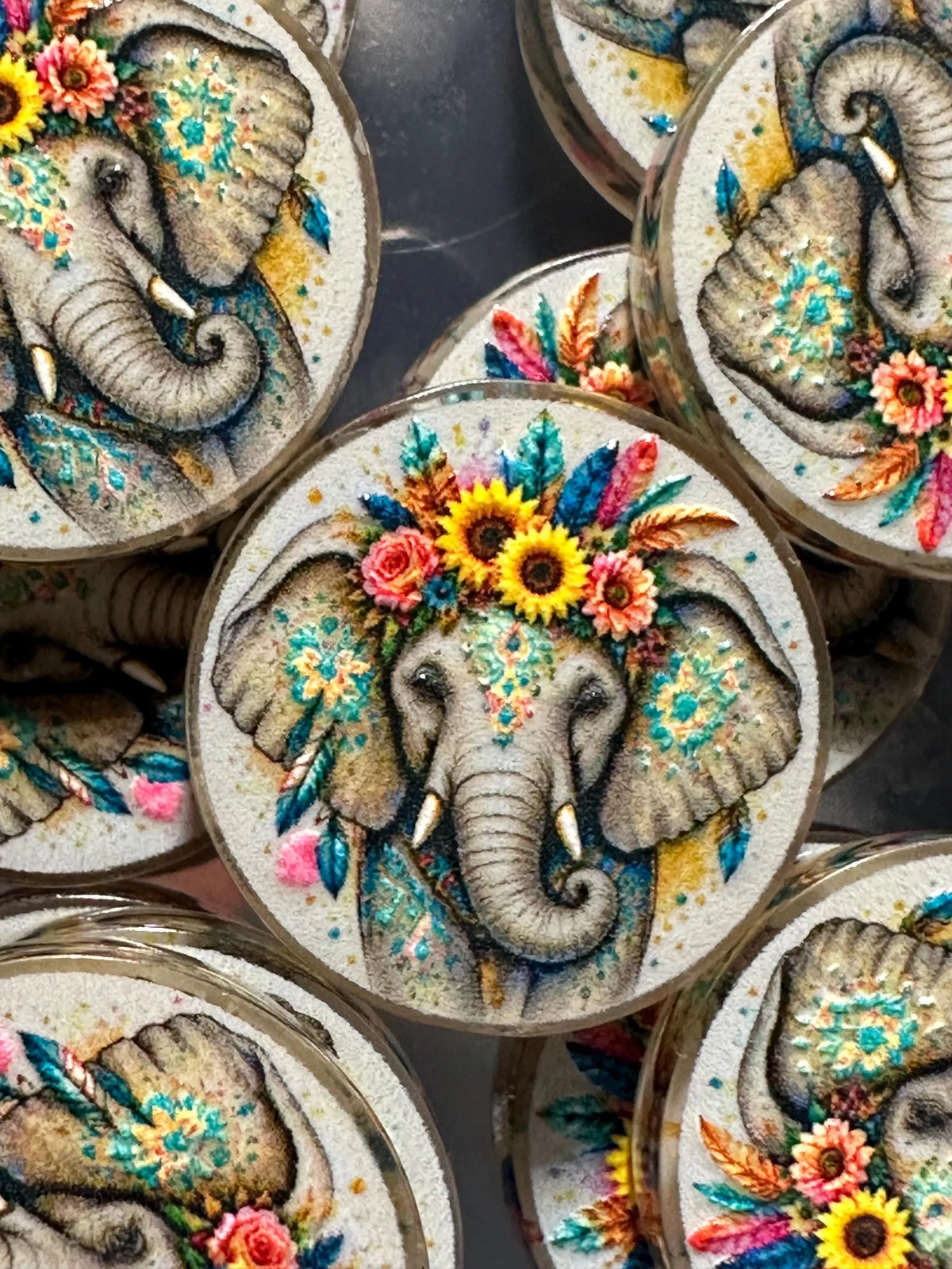 Colorful elephant with feathers and sunflowers acrylic focal for beadable pens -set of 2 acrylic focal beads included- Greer and Company design