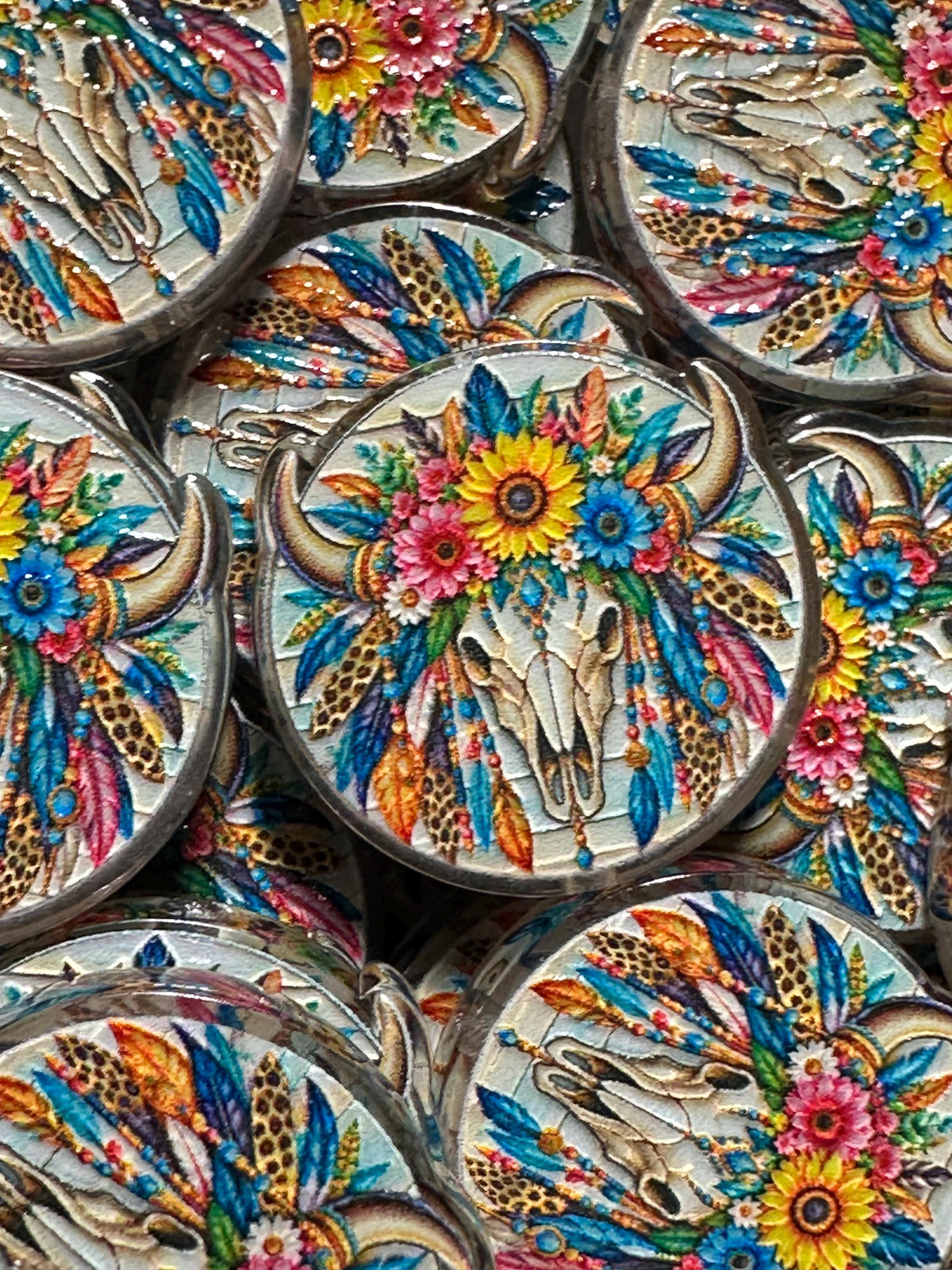 Colorful cow skull with feathers and sunflowers acrylic focal for beadable pens -set of 2 acrylic focal beads included- Greer and Company design