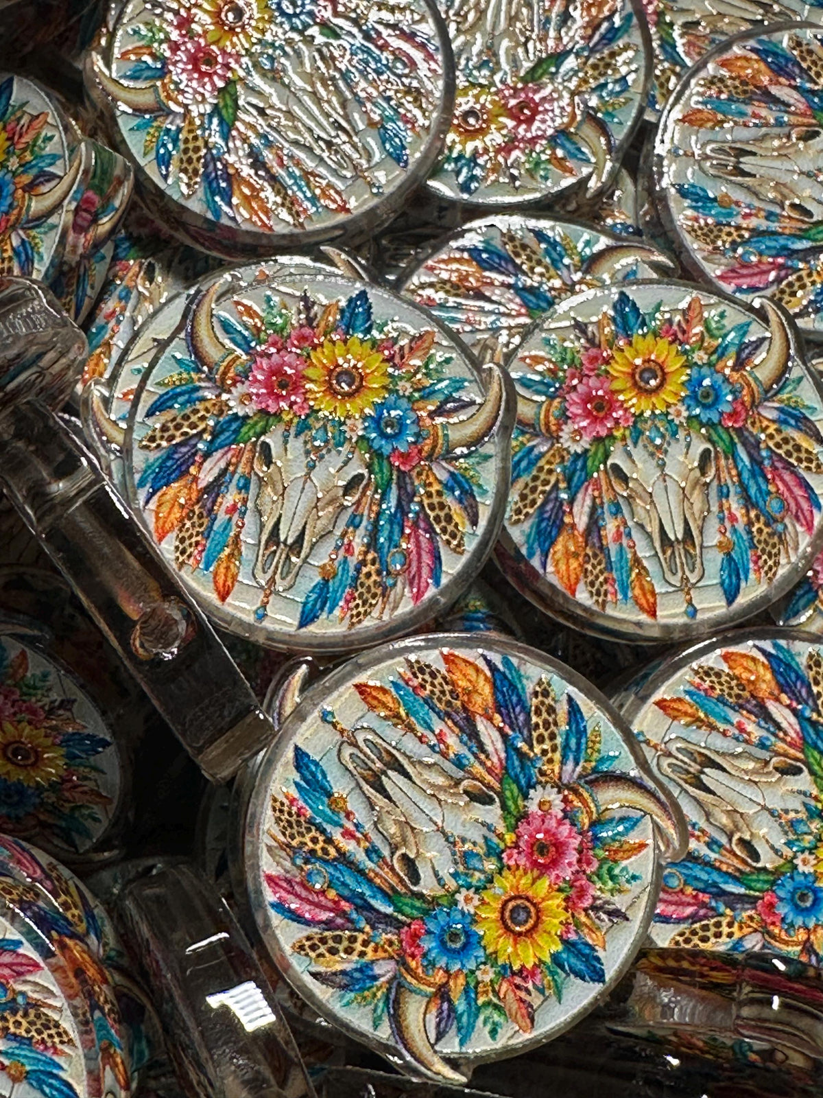 Colorful cow skull with feathers and sunflowers acrylic focal for beadable pens -set of 2 acrylic focal beads included- Greer and Company design