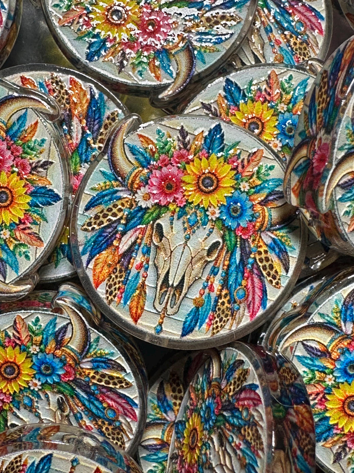 Colorful cow skull with feathers and sunflowers acrylic focal for beadable pens -set of 2 acrylic focal beads included- Greer and Company design