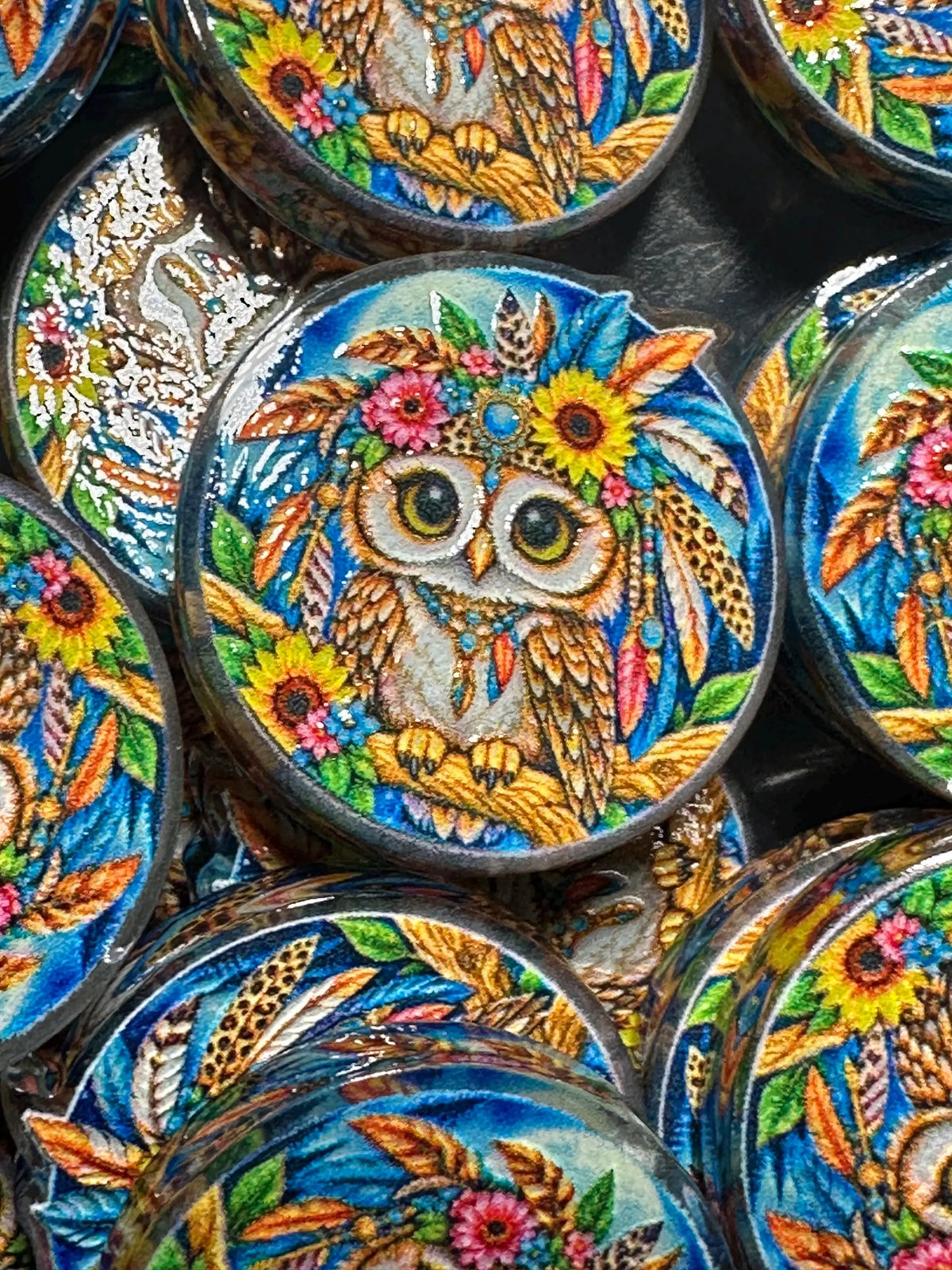 Colorful owl with feathers and sunflowers acrylic focal for beadable pens -set of 2 acrylic focal beads included- Greer and Company design