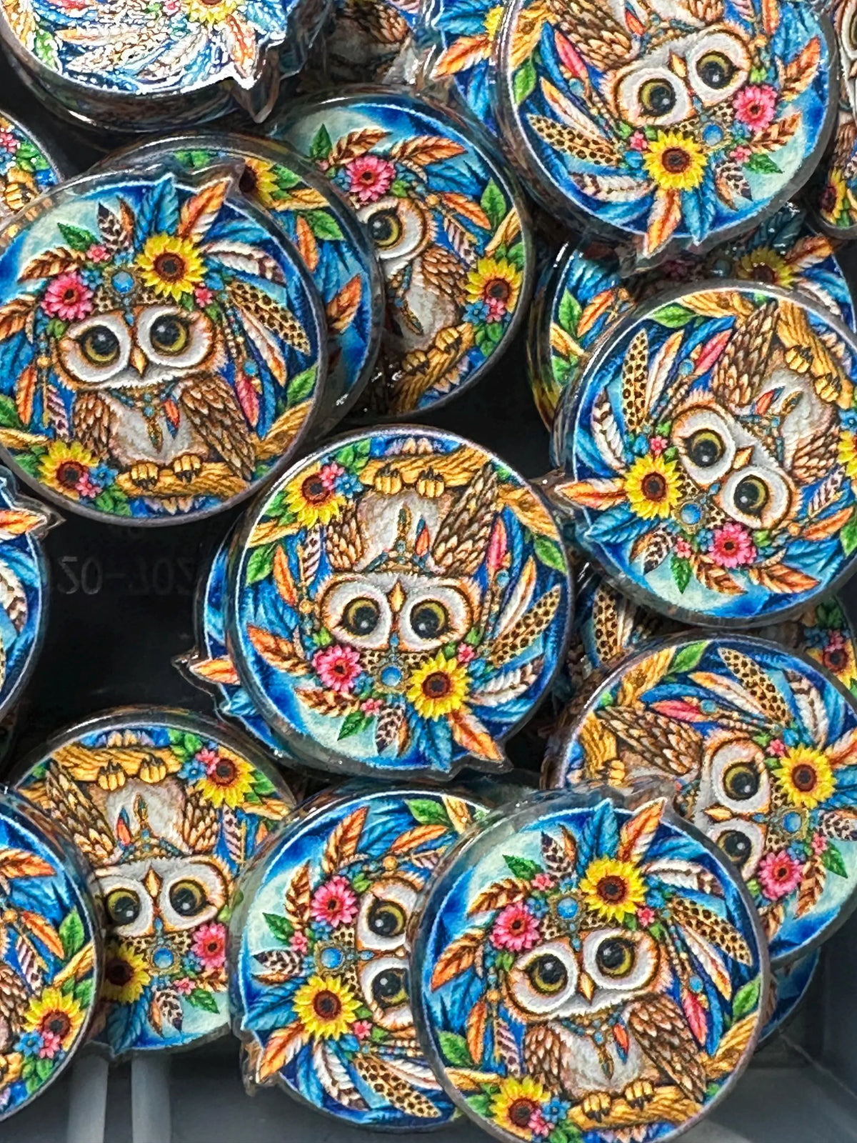 Colorful owl with feathers and sunflowers acrylic focal for beadable pens -set of 2 acrylic focal beads included- Greer and Company design