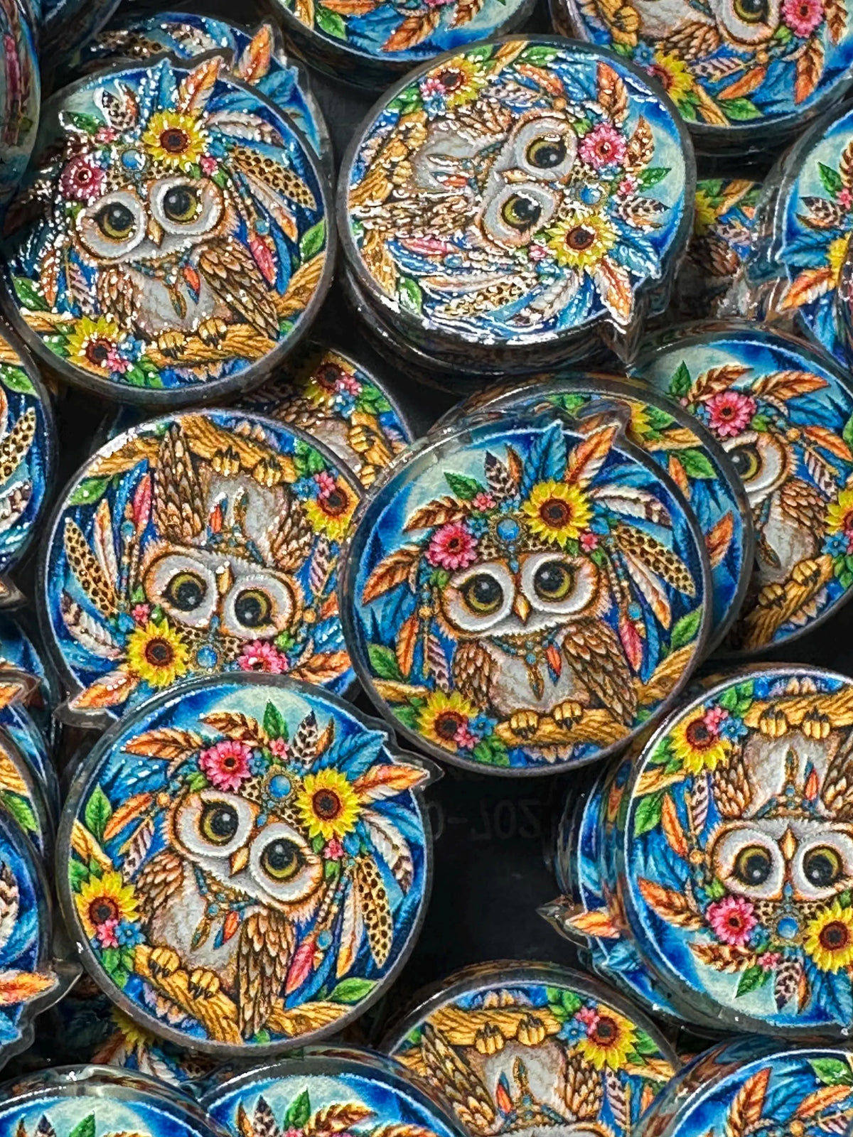 Colorful owl with feathers and sunflowers acrylic focal for beadable pens -set of 2 acrylic focal beads included- Greer and Company design