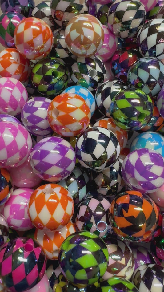 Harlequin Acrylic Beads – 16mm Glossy Round Patterned Beads for DIY Crafts