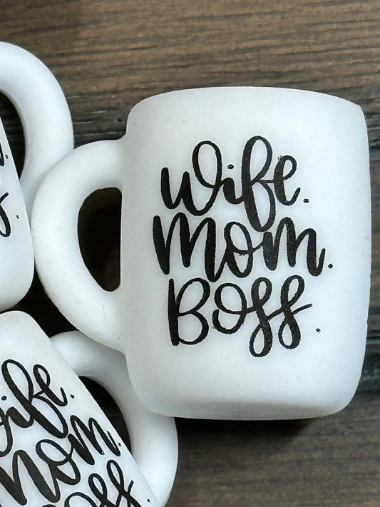 Wife Mom Boss mug Focal Bead/ beadable pen/ Silicone  bead/ coffee cup/ keychain bead/ mom/ coffee lover/ Boss lady