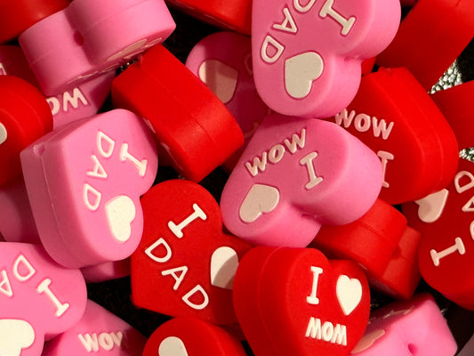 I heart Mom/ I heart Dad/Focal Bead/ beadable pen/ Silicone  bead/ keychain beads/ hearts/ mom on one side & dad on the other on every bead