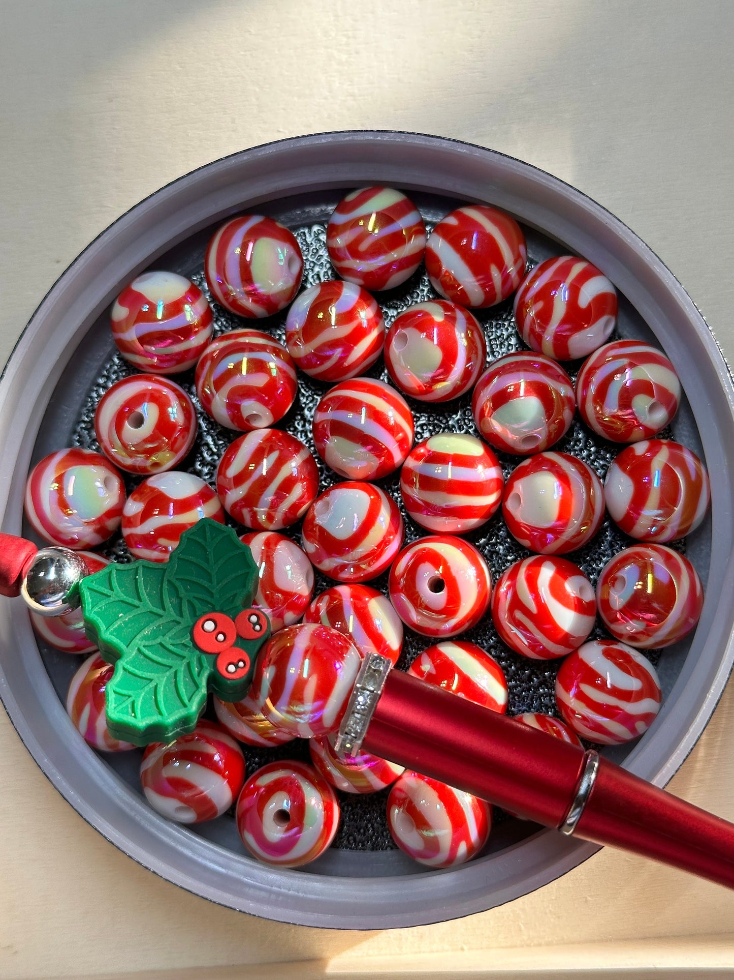 Ten (10) Acrylic red and white Beads included/swirl Bead/ beadable pen/ keychain bead/ Christmas bead/ red and white striped