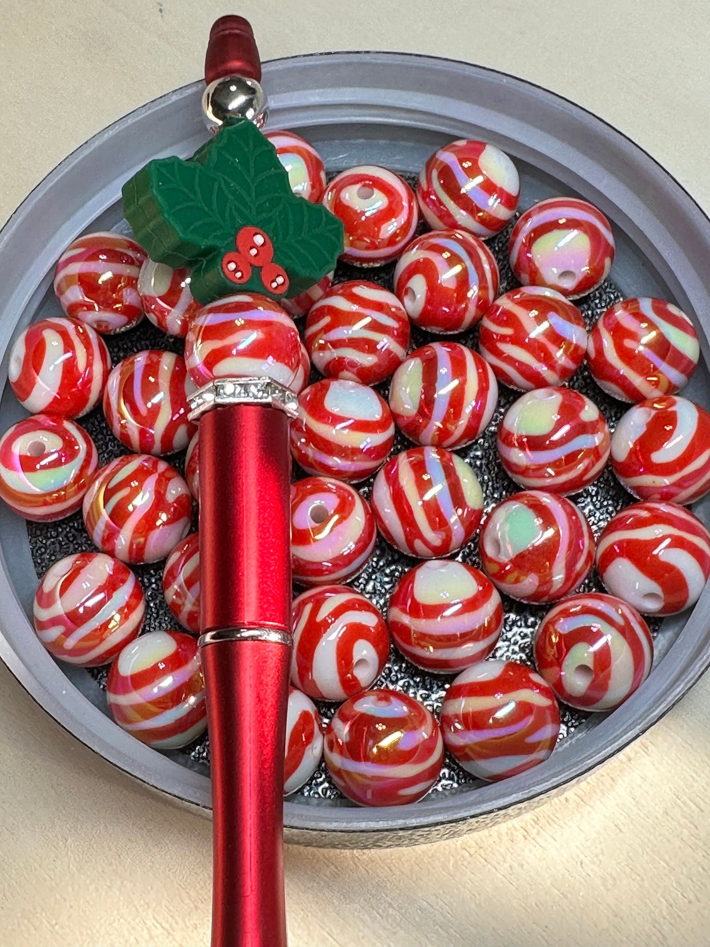 Ten (10) Acrylic red and white Beads included/swirl Bead/ beadable pen/ keychain bead/ Christmas bead/ red and white striped