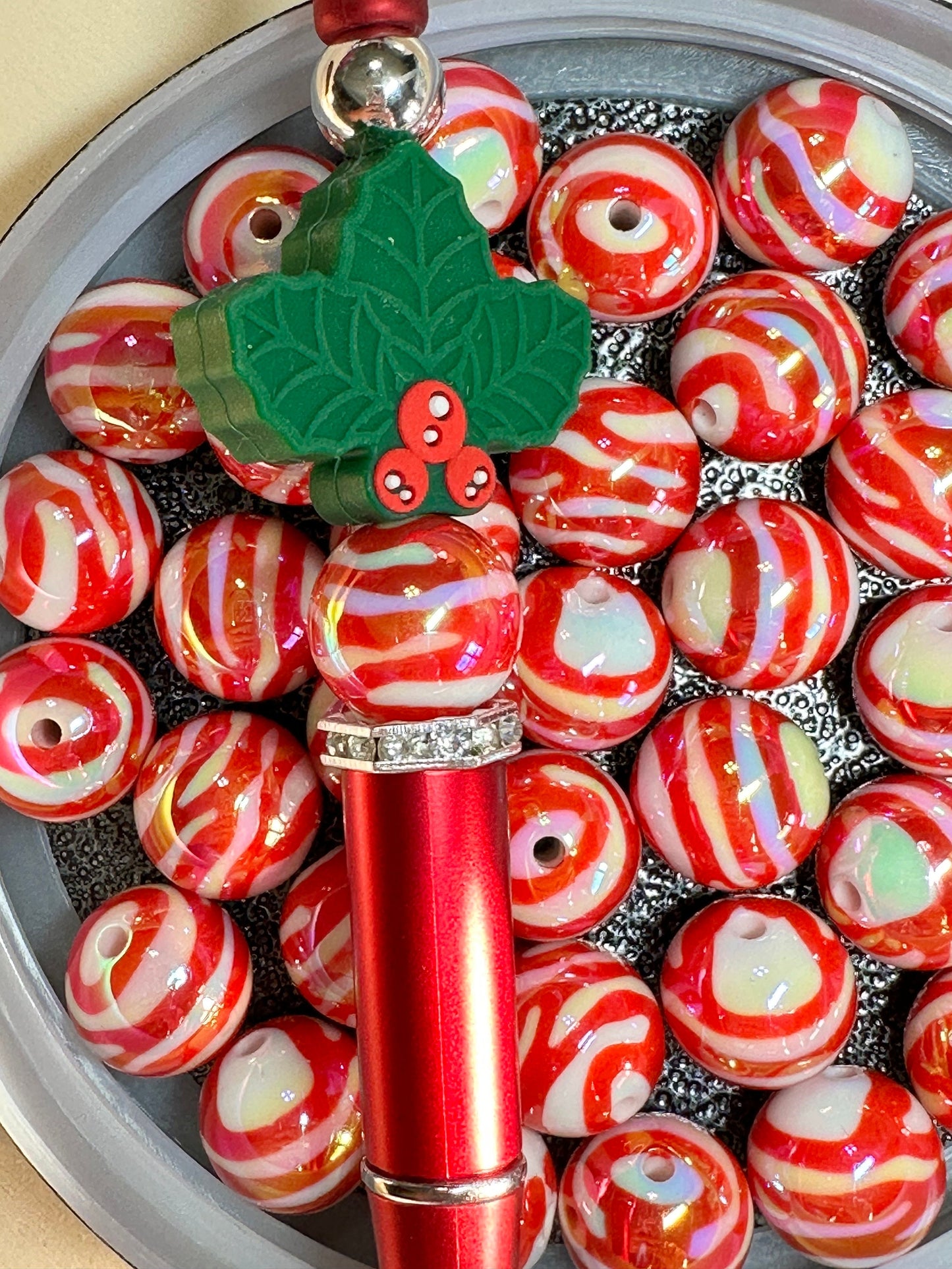 Ten (10) Acrylic red and white Beads included/swirl Bead/ beadable pen/ keychain bead/ Christmas bead/ red and white striped