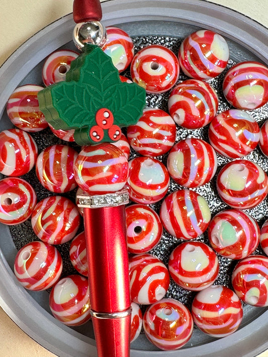 Ten (10) Acrylic red and white Beads included/swirl Bead/ beadable pen/ keychain bead/ Christmas bead/ red and white striped