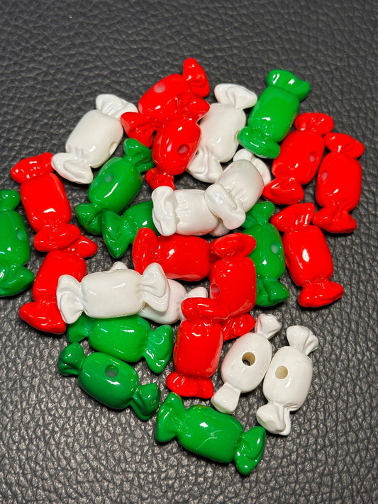 Acrylic red, green, and white candy shaped beads included/ Bead/ beadable pen/ keychain bead/ Christmas bead/ Ten (10) beads