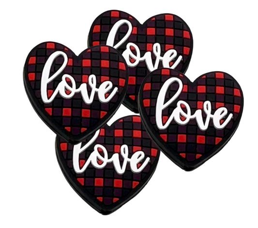 Heart Love beads/ beadable pen/ Silicone bead/ keychain bead/Valentines Day hearts/ Buffalo plaid/ checkered