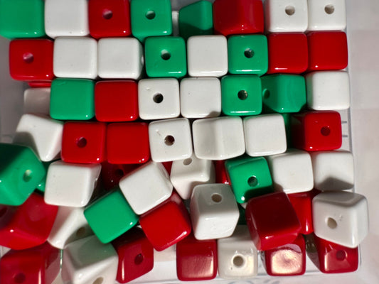 Ten (10) Acrylic red, green, and white cubed shaped beads included/ Bead/ beadable pen/ keychain bead/ Christmas bead/