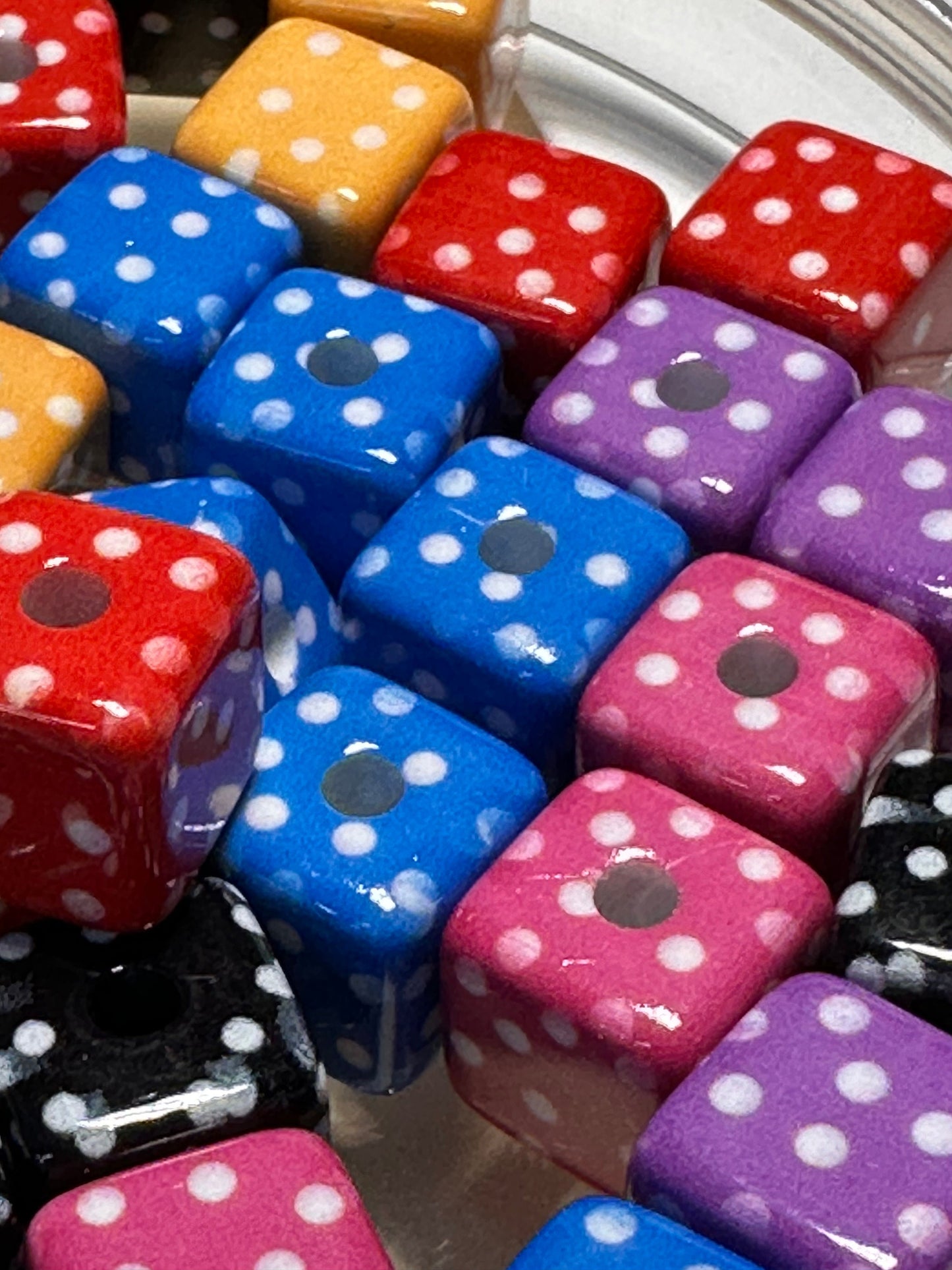 Ten (10) Acrylic polka dotted cubed shaped beads included/ Bead/ beadable pen/ keychain bead/ Cubed bead