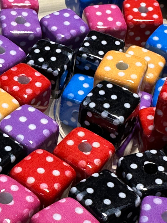 Ten (10) Acrylic polka dotted cubed shaped beads included/ Bead/ beadable pen/ keychain bead/ Cubed bead