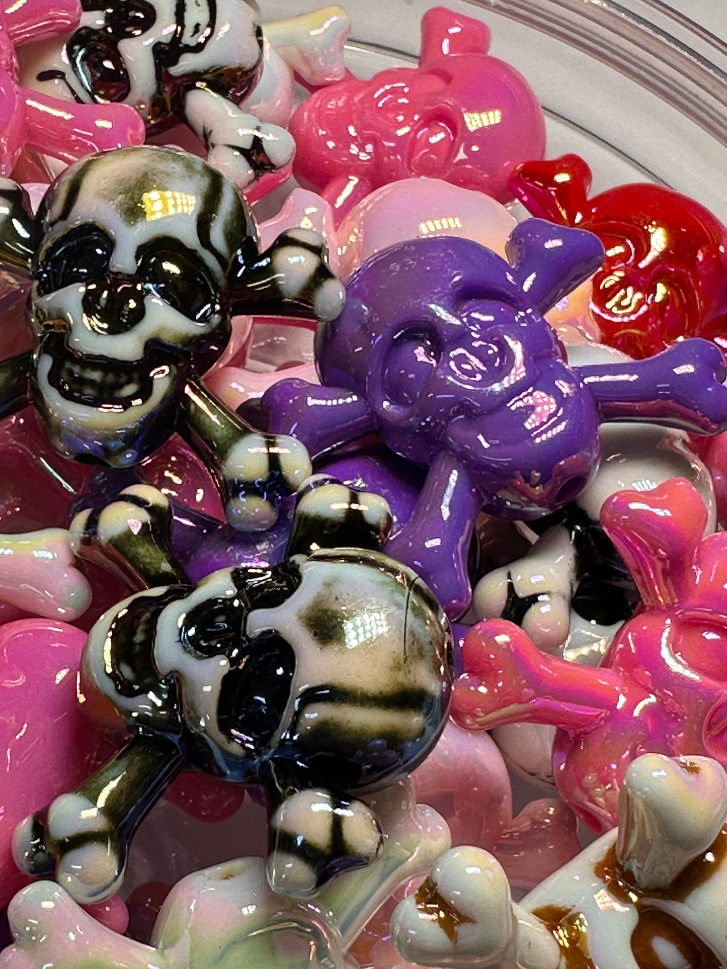 Six (6) acrylic assorted color skull and crossbones beads included/ jewelry Bead/ beadable pen beads/ keychain bead/