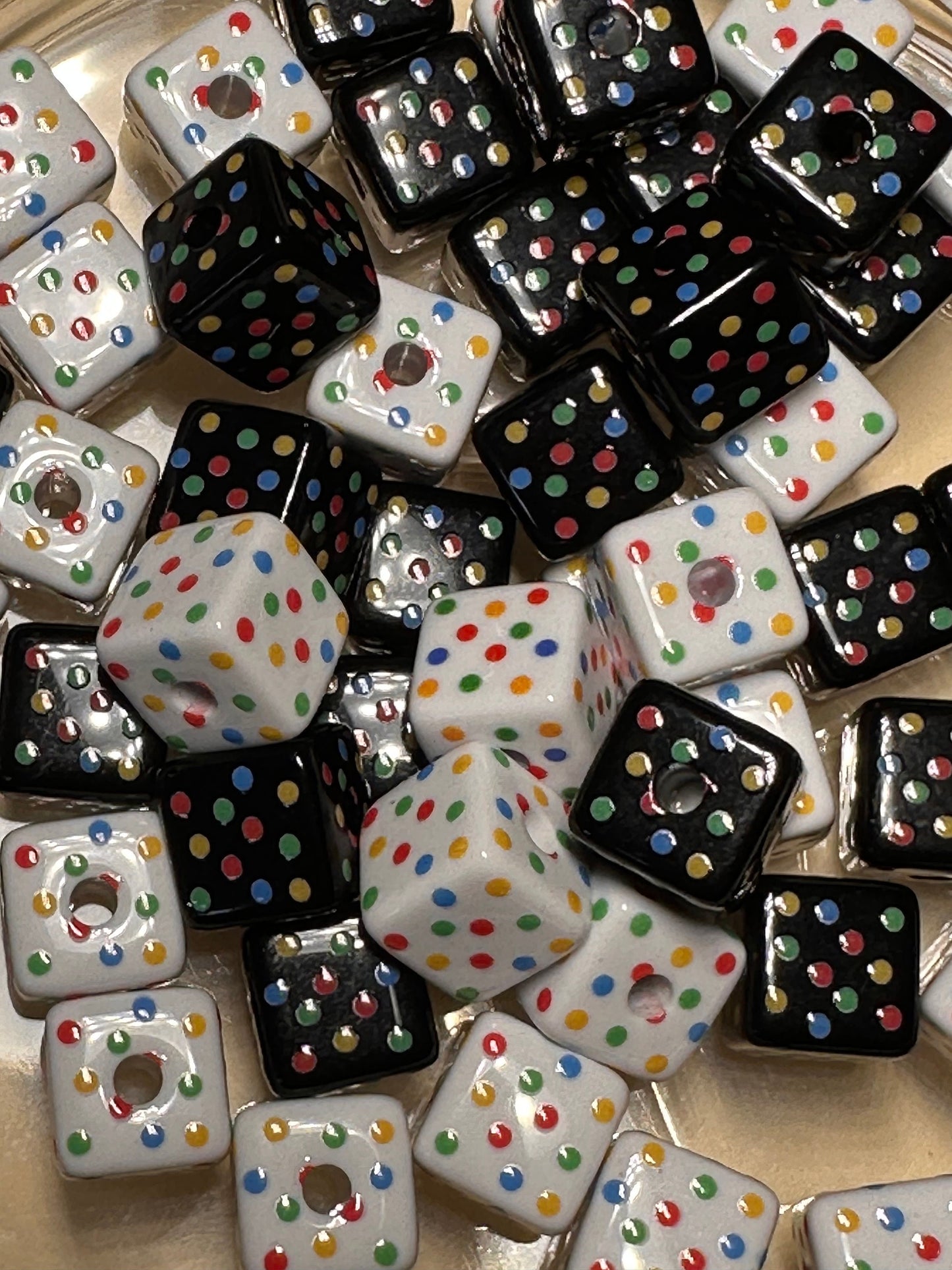 Ten (10) Acrylic polka dotted cubed shaped beads included/ Bead/ beadable pen/ keychain bead/ cube bead/