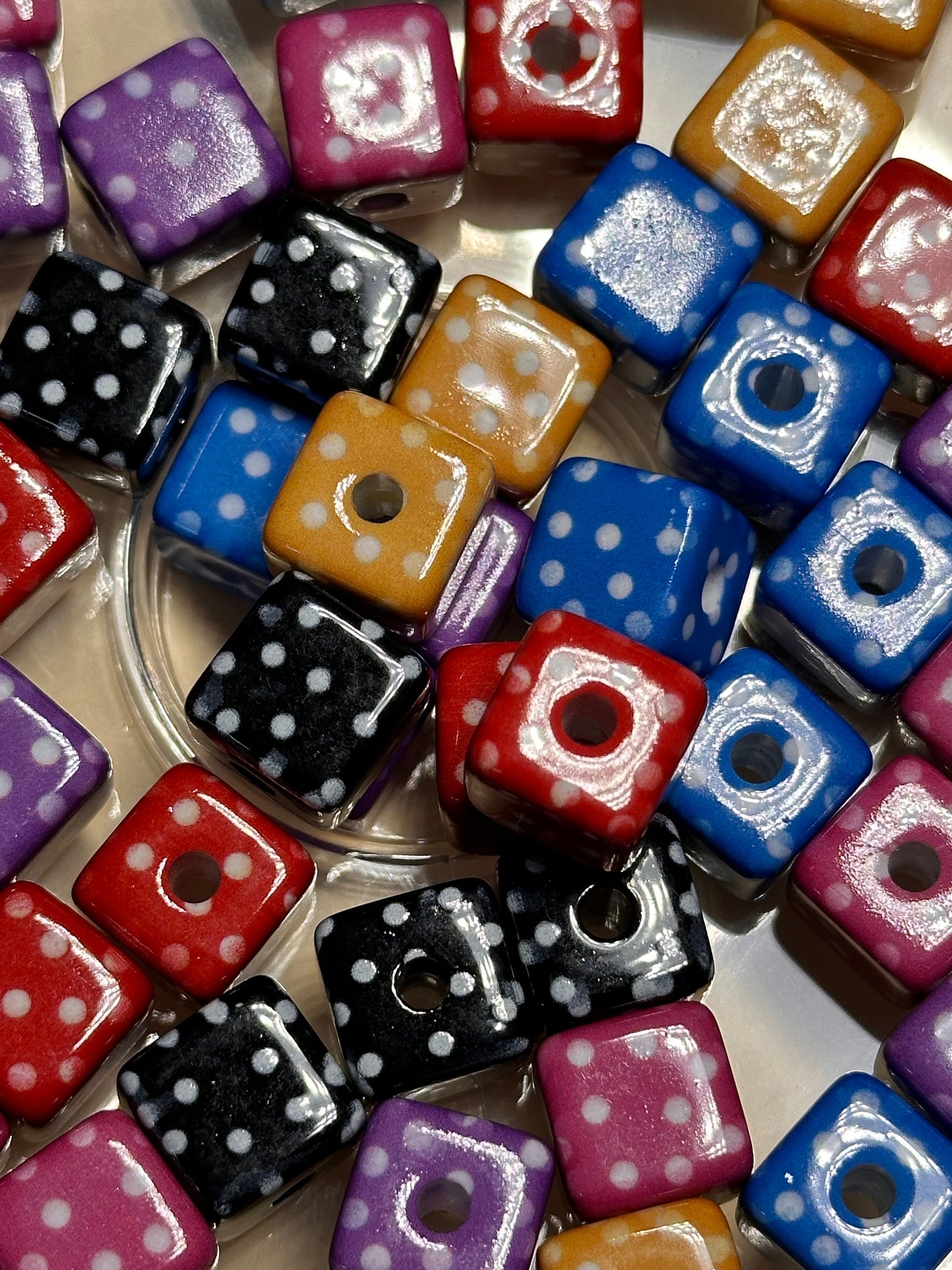 Ten (10) Acrylic polka dotted cubed shaped beads included/ Bead/ beadable pen/ keychain bead/ Cubed bead