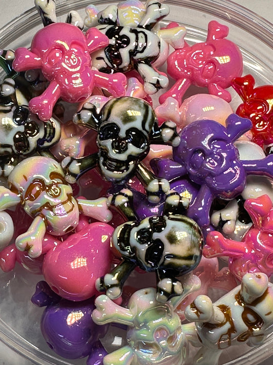 Six (6) acrylic assorted color skull and crossbones beads included/ jewelry Bead/ beadable pen beads/ keychain bead/