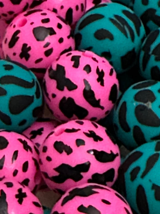 Bright pink and teal beads/15 mm Bead/ beadable pen/ keychain bead/ 15mm/ silicone