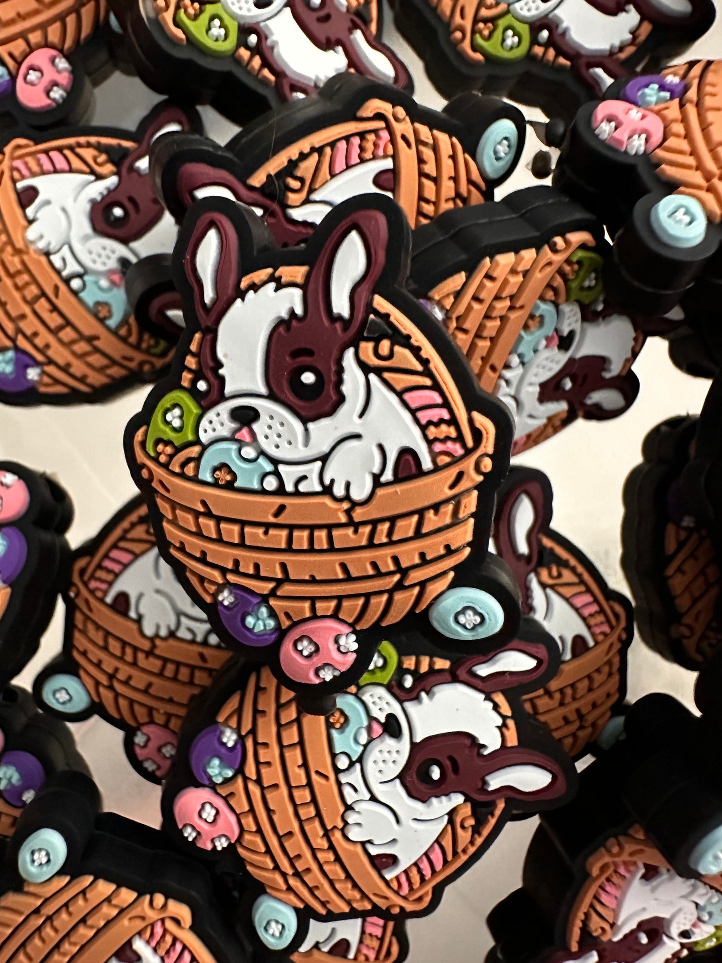 Dog in basket Focal Bead/ beadable pen/ Silicone bead/ Easter basket/ Boston terrier