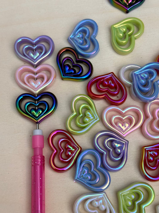 Acrylic triple heart shaped beads/ Ten (10) Beads/ beadable pen/ keychain bead/ Valentines Day bead/ Love/ heart